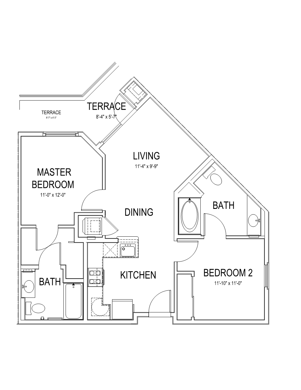 Floor plan for 2 beds, 2 baths, 842 sqft